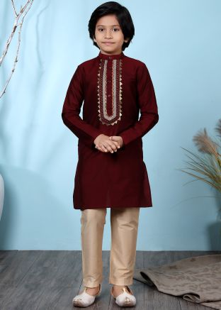 Embroidered Maroon Readymade Kurta With Plain Pajama