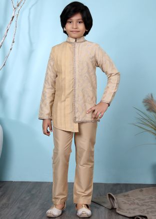 Readymade Pleated Asymmetric Kurta & Pajama In Beige