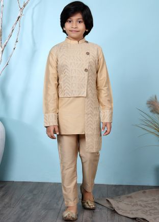 Beige Asymmetric Woven Kurta Pajama In Silk