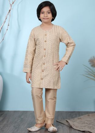 Readymade Beige Kurta Pajama With Gota Lace