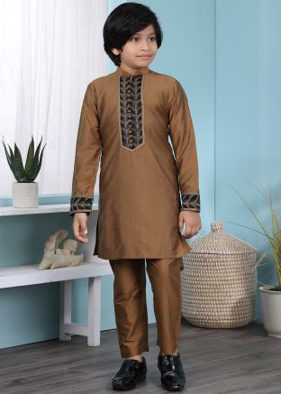 Brown Readymade Cotton Kurta Pajama For Kids