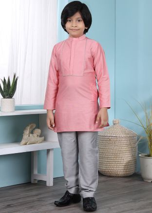 Embroidered Pink Readymade Kurta With Pyjama