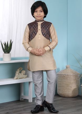 Readymade Cotton Kids Kurta Pajama In Beige