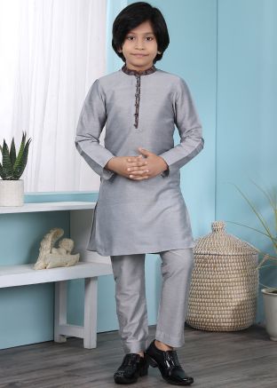 Plain Grey Readymade Kurta Pajama In Cotton