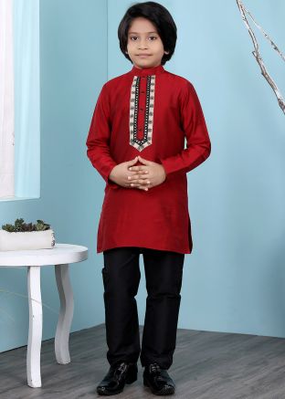 Maroon Kids Readymade Kurta With Plain Pajama