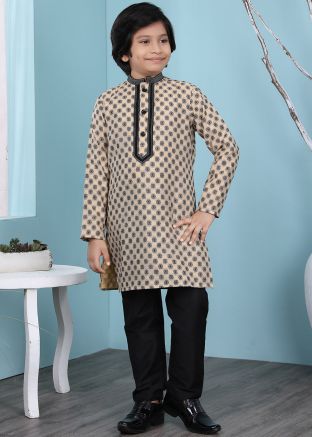 Printed Beige Readymade Kids Kurta & Pajama