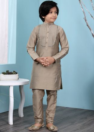 Beige Embroidered Kurta With Plain Silk Pajama