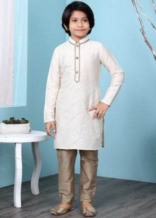 White Kids Readymade Kurta Pajama In Cotton