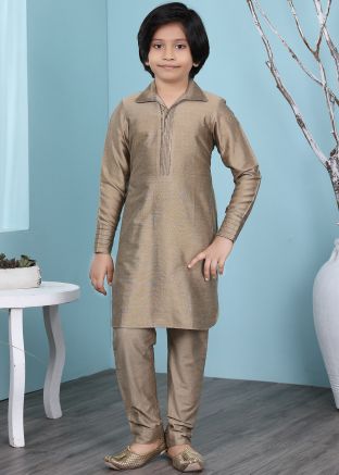 Cotton Beige Readymade Kurta With Pajama