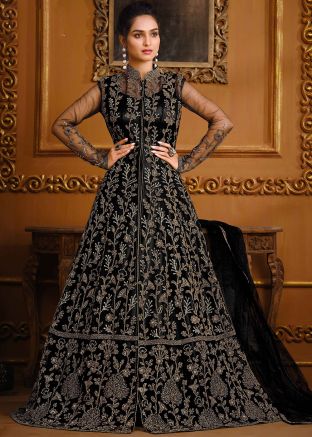 Black Embroidered Net Kurti Style Lehenga