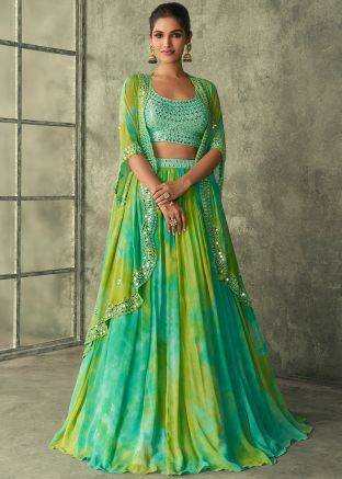 Buy Multicolored Tie-Dye Printed Jacket Style Lehenga Choli USA
