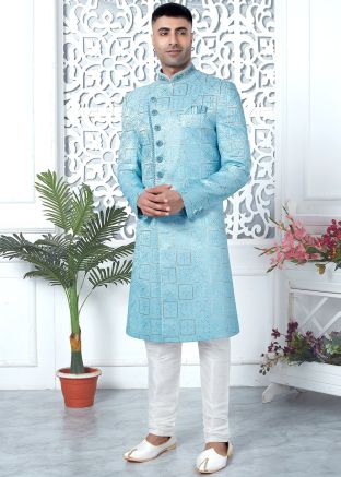 Blue Readymade Art Silk Embroidered Men Indowestern Sherwani