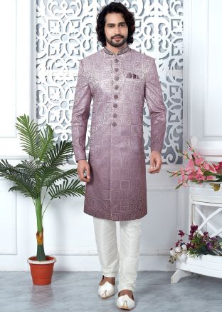 Mauve Pink Readymade Embroidered Indowestern Sherwani In Art Silk 