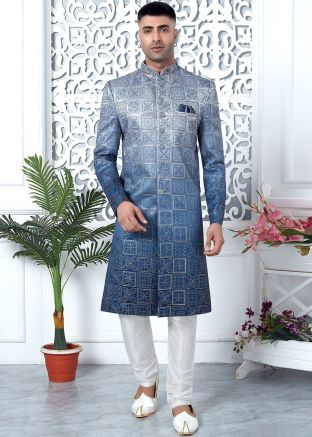 Shaded Blue Readymade Art Silk Embroidered Men Indowestern Sherwani 