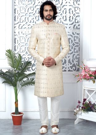 Cream Readymade Men Art Silk Indowestern Sherwani In Embroidery