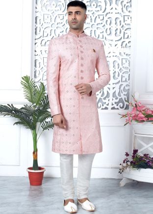 Readymade Men Art Silk Embroidered Indowestern Sherwani In Light Pink