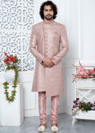 Pink Readymade Embroidered Men Indowestern Sherwani In Art Silk