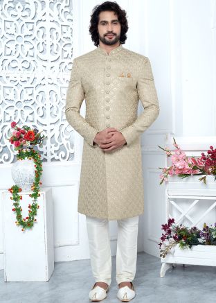 Beige Readymade Art Silk Embroidered Men Indowestern Sherwani Set