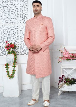 Peach Readymade Art Silk Men Indowestern Sherwani In Embroidery