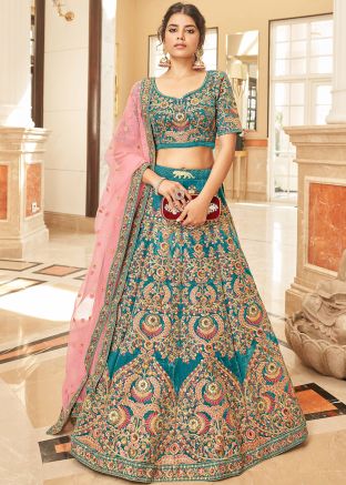 Teal Blue Embroidered Velvet Lehenga Choli