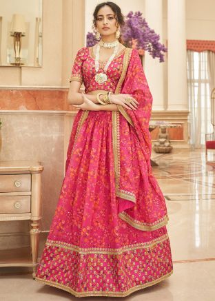 Pink Organza Floral Printed Lehenga Choli