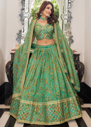 Green Floral Printed Organza Lehenga Choli
