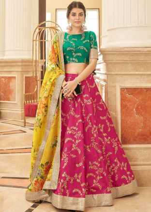Pink Embroidered Art Silk Lehenga Choli & Dupatta