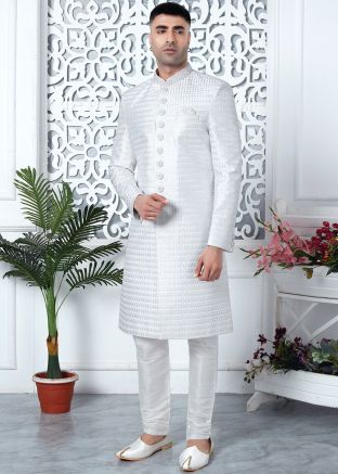 Readymade Art Silk Embroidered Men Indowestern Sherwani In Off White