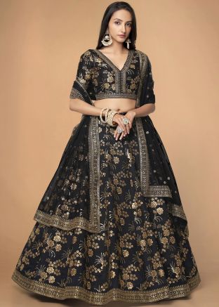 Black Embroidered Lehenga Choli In Silk