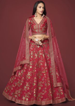 Red Zari Embroidered Lehenga Choli In Silk