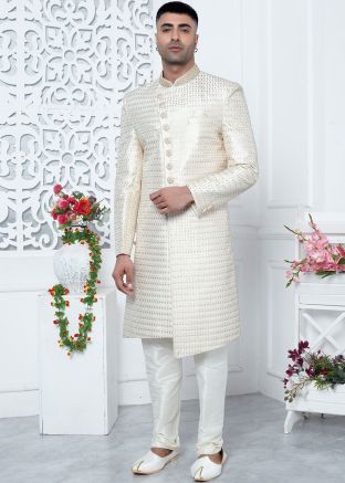 Cream Readymade Men Art Silk Embroidered Indowestern Sherwani Set