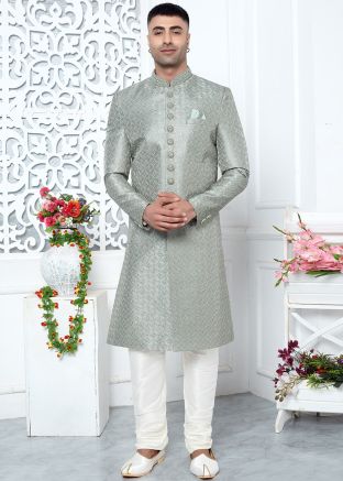 Grey Readymade Art Silk Embroidered Men Indowestern Sherwani