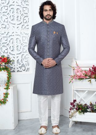 Readymade Art Silk Embroidered Men Indowestern Sherwani In Dark Grey