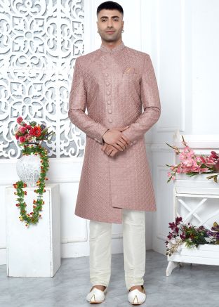 Pink Readymade Embroidered Men Indowestern Sherwani In Art Silk