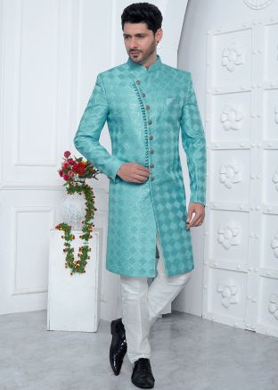 Turquoise Readymade Art Silk Embroidered Men Indowestern Sherwani
