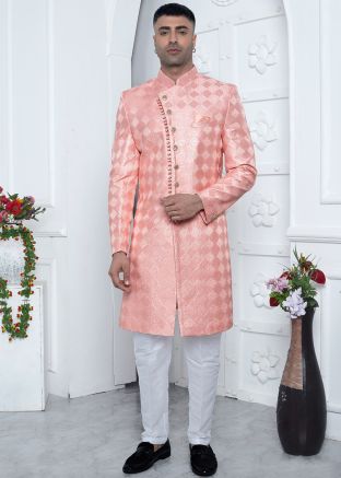 Peach Readymade Embroidered Art Silk Men Indowestern Sherwani Set
