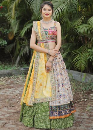Green Cotton Embroidered Lehenga Choli