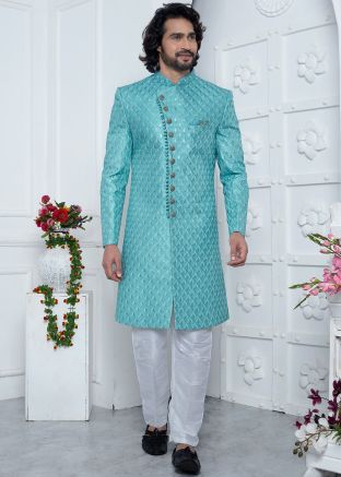 Readymade Art Silk Embroidered Men Indowestern Sherwani In Turquoise