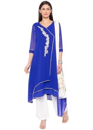 Blue Asymmetrical Pant Suit With Dupatta