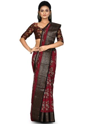 Maroon Floral Print Pure Banarasi Silk Saree