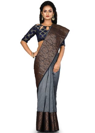 Grey Pure Banarasi Silk Woven Border Saree