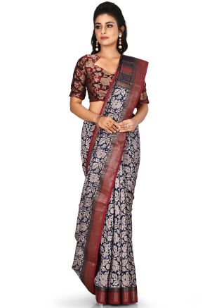 Navy Blue Pure Banarasi Silk Woven Border Saree