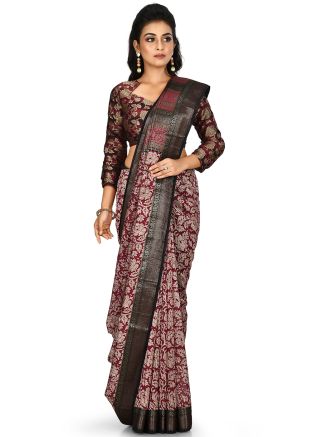 Maroon Pure Banarasi Silk Floral Print Saree