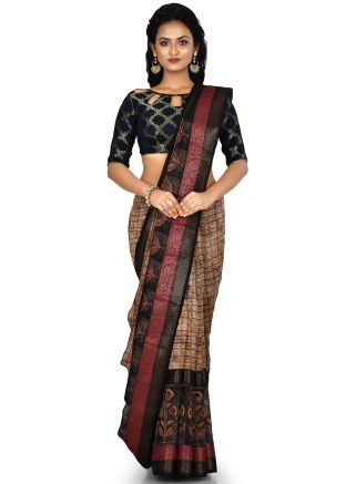 Beige Pure Banarasi Silk Woven Saree With Blouse