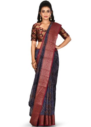Navy Blue Woven Border Pure Banarasi Silk Saree