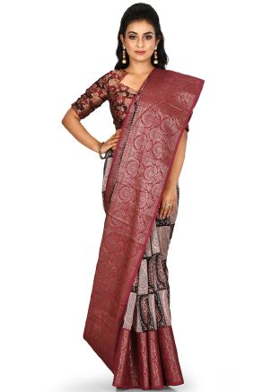 Beige and Black Banarasi Silk Woven Border Saree