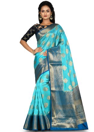 Blue Banarasi Silk Woven Saree With Blouse