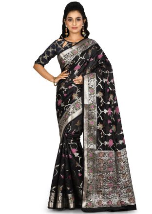 Black Floral Woven Banarasi Silk Saree