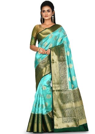 Turquoise Woven Banarasi Silk Saree