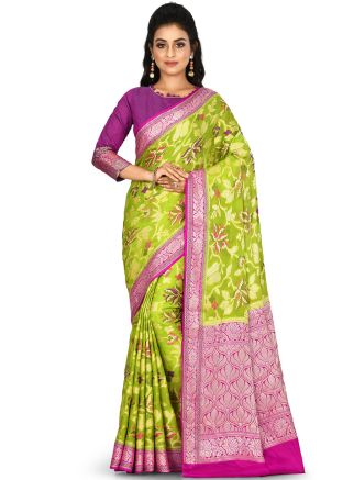 Green Floral Woven Pure Banarasi Silk Saree